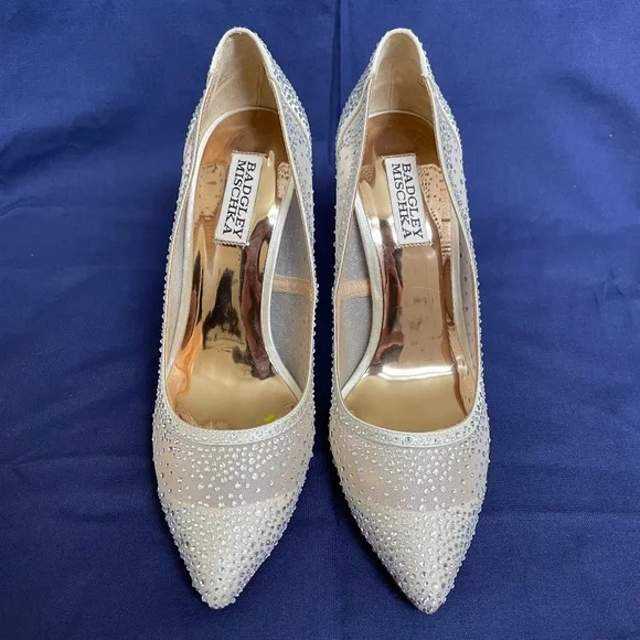 Badgley Mischka Weslee Embellished Satin & Mesh Pointed Toe Pumps - Picture 3 of 7